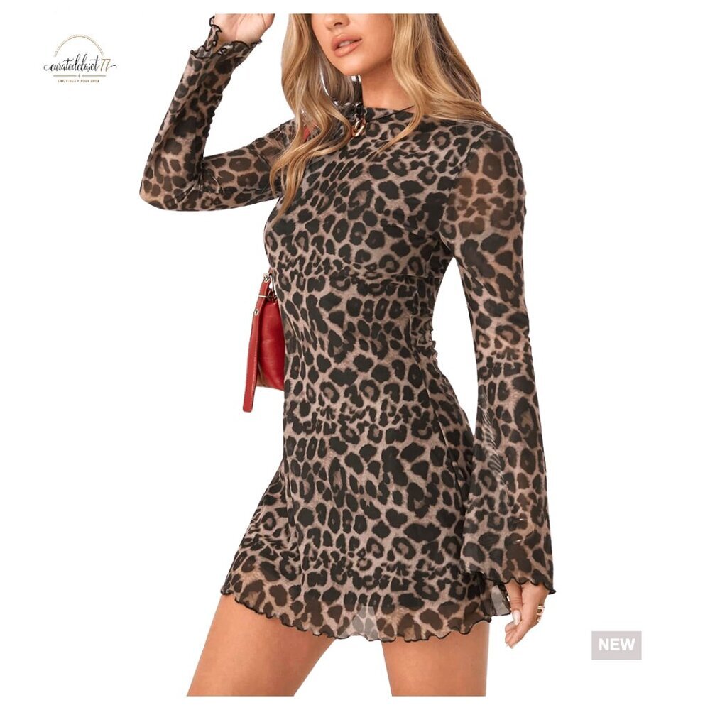 Leopard Print Mini Dress Long Sleeve Bell Sheer Mesh Party Club Wear
